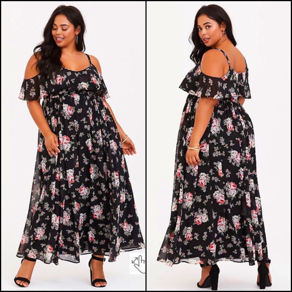 Torrid Black Floral Cold Shoulder Maxi Dress